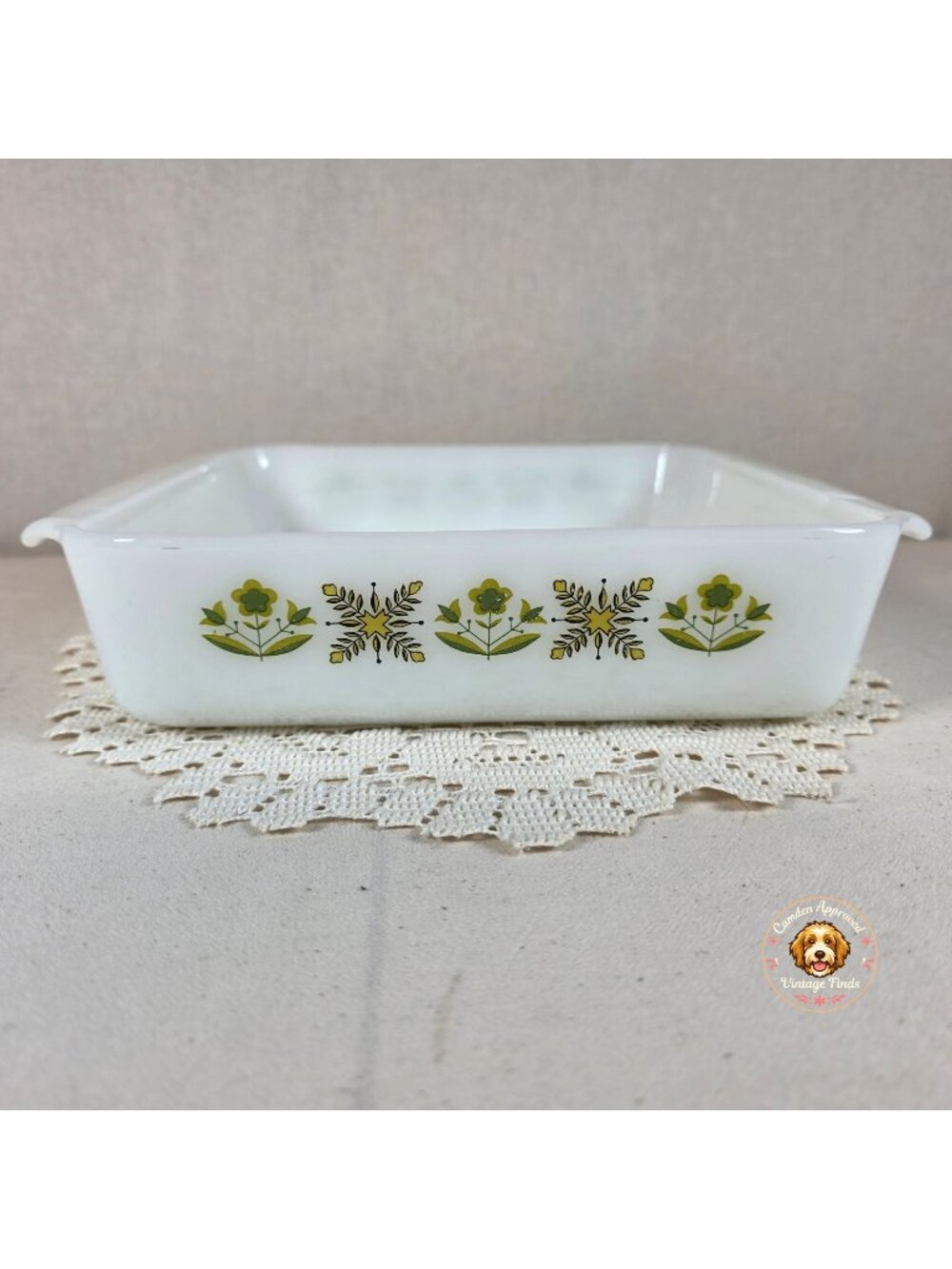 Fire King Garden Meadows Square Baking Dish 8"x8" Milk Glass With Green Floral P
